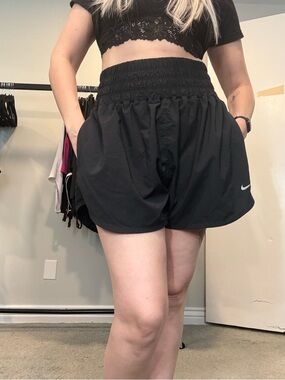 Nike Dri-FIT Black Running Shorts High Waisted Smocked Waist Size XL